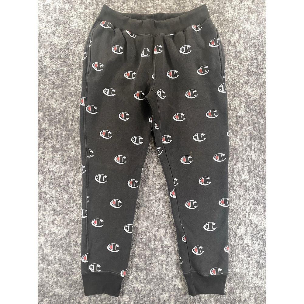 Champion All Over Print Mens L Black White Reverse Weave Logo Joggers Sweatpants